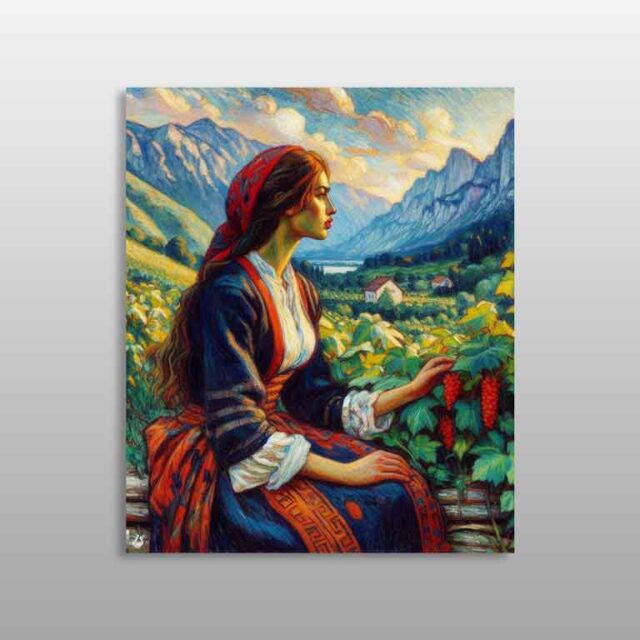 Malësore – grua me veshje tradicionale dhe shami të kuqe në një peizazh malor shqiptar