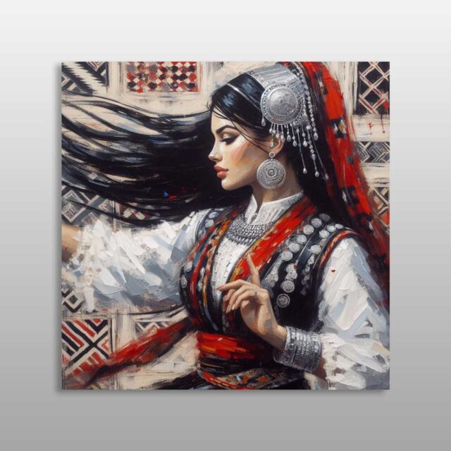 Grua shqiptare me shami të kuqe, stoli dhe veshje tradicionale