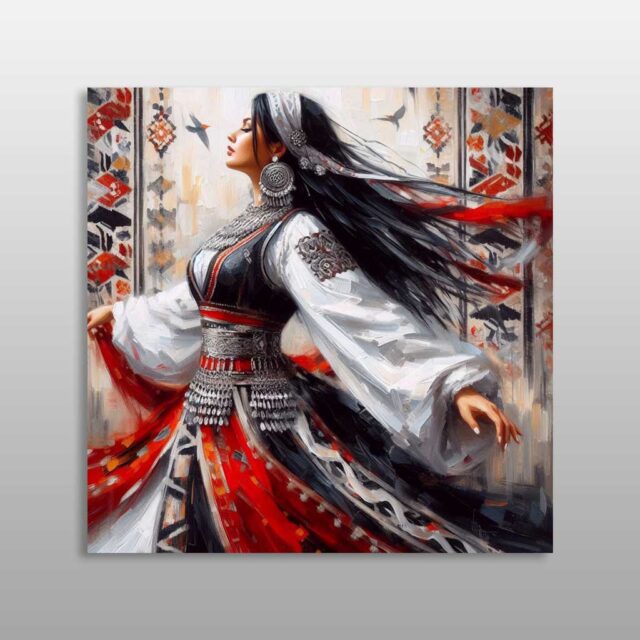 Grua me veshje tradicionale shqiptare dhe sfond me motive popullore