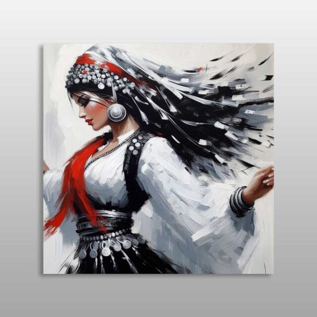 Grua shqiptare me fustanellë, jelek të zi dhe stoli tradicionale