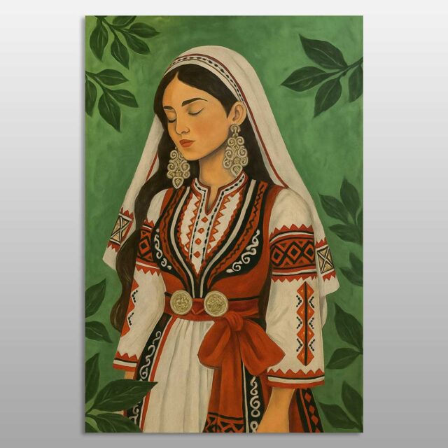 Grua shqiptare me shami të bardhë dhe veshje tradicionale kuq e zi