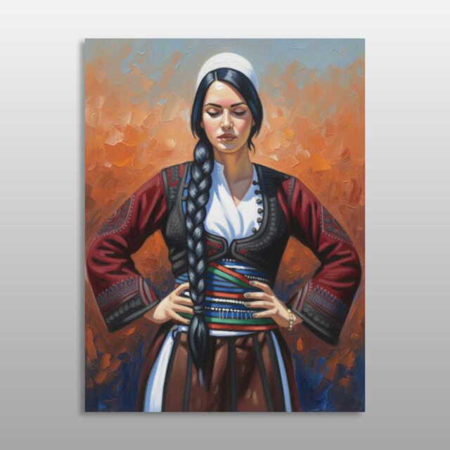 Bardhësia e plisit – grua me plis të bardhë, gërshet të gjatë dhe veshje tradicionale kuqezi