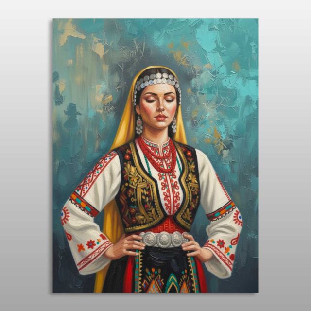 Gjerdani i nusës – grua me shami të verdhë, këmishë të qëndisur dhe stoli argjendi