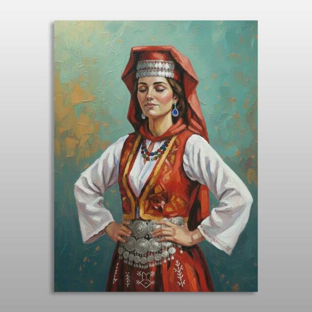 Hijeshi Mirditore – grua me kapuç të kuq, jelek tradicional dhe brez me stoli argjendi