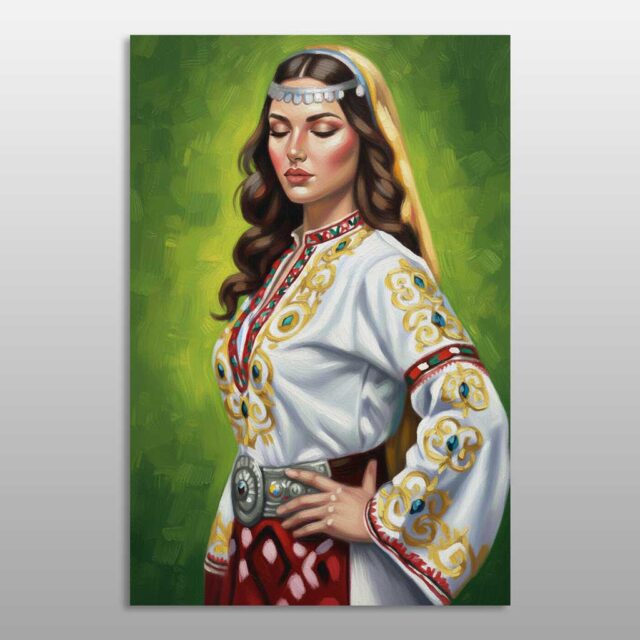 Portret i trashëgimisë dhe hijeshisë – grua me veshje të bardhë të qëndisur dhe brez tradicional