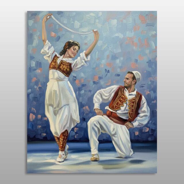 Vallëzim nën qiell të hapur – çift me veshje tradicionale shqiptare dhe shami të bardhë