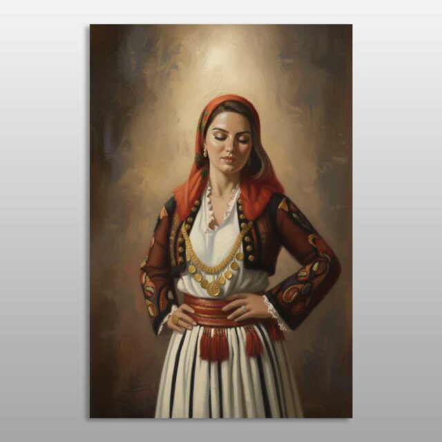 E bukura e dheut – grua me veshje tradicionale shqiptare, shami të kuqe dhe stoli të arta