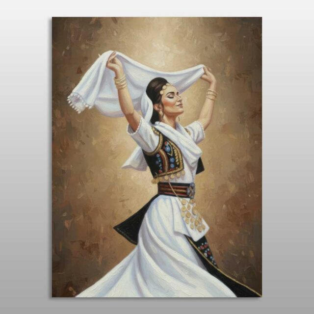 Hijeshia e maleve – grua me veshje tradicionale shqiptare duke ngritur shaminë e bardhë në vallëzim